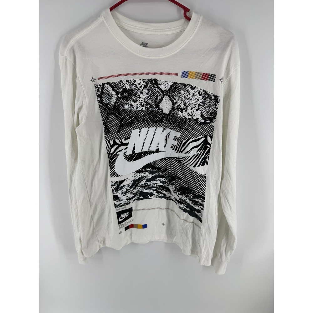 NIKE Mens A&R Graphic Logo Long Sleeve T-Shirt White Black Size Medium